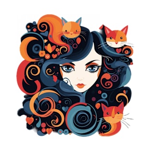 Beautiful woman with cats in her hair T-Shirt