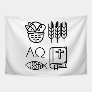 Black and White Christian Symbols Alpha, Omega, Wheat, Harvest, Bible, Fish, Bread Tapestry