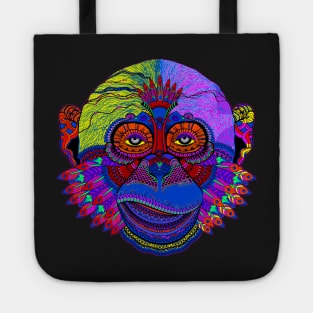 Multicolored Pop Art Monkey Face with Feathers Tote