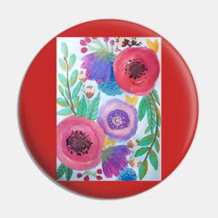 Watercolor red and purple flowers and leaves Pin