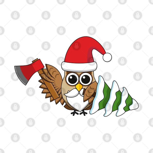 Christmas Owl with Axe and Snowy Pine Tree by BirdAtWork