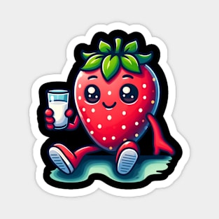 Cheerful Strawberry Sipping Milk Magnet