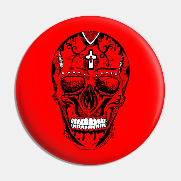 Red and Black Day of the Dead Skull Pin by kenallouis