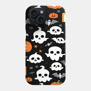 Spooky Seamless Halloween Pattern with Skulls, Ghosts, Pumpkins, Bats, and Candles Phone Case