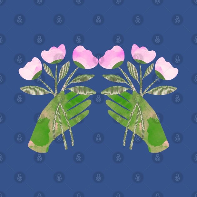 Green hands with pink flowers for you or someone you love on blue by iulistration