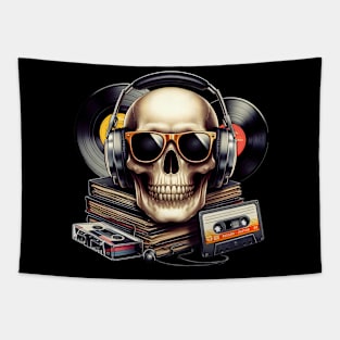 Skull head with headphones and sunglasses in a retro style. Tapestry