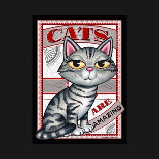 Gray Tabby kitty on cute red and black Cats are Amazing T-Shirt