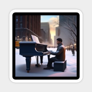A Pianist Performing On The Streets Of Chicago USA In Winter Magnet