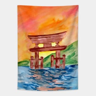 Wooden Temple Gate among the Elements Tapestry