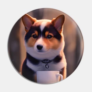 Corgi with a mug cup of morning coffee Pin