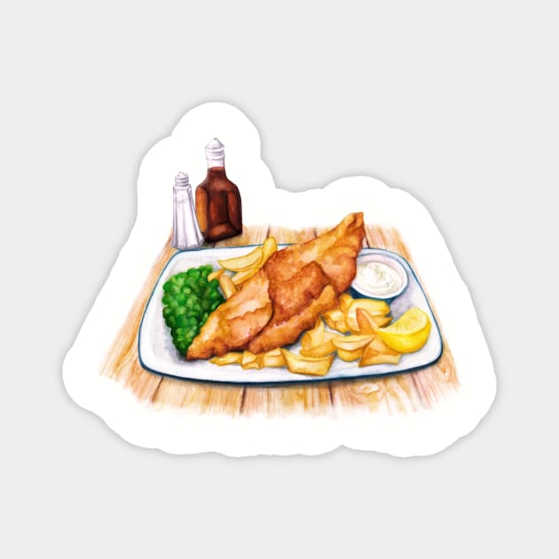 Fish & Chips - Watercolour food illustration Magnet by AmandaDilworth