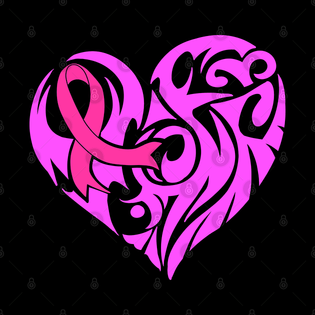 Pink Ribbon And Heart Support Breast Cancer Awareness Design by Linco