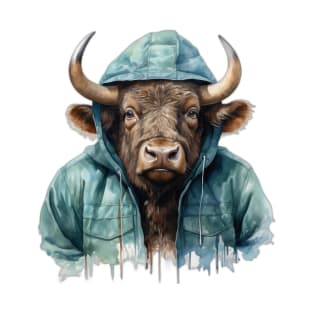 Watercolor Cartoon Buffalo in a Hoodie T-Shirt