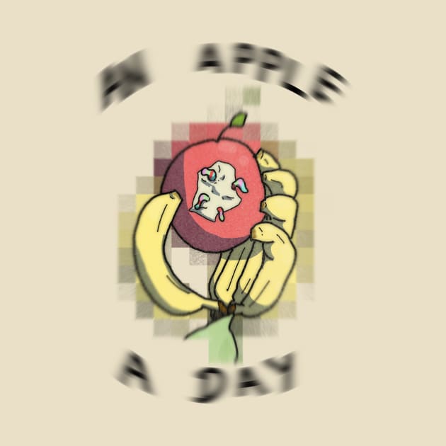 An Apple A Day - banana hand holding gummy worm infested apple - word art by DopamineDumpster