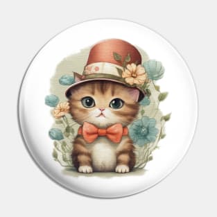 a cute little cat wearing a hat and a bow tie Pin