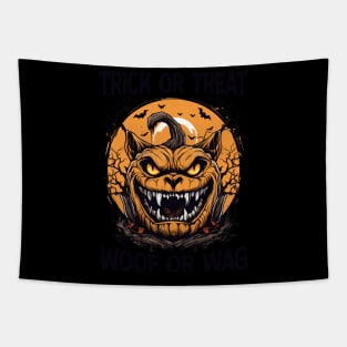 Trick or Treat Woof or Wag Funny Dog Halloween Tapestry