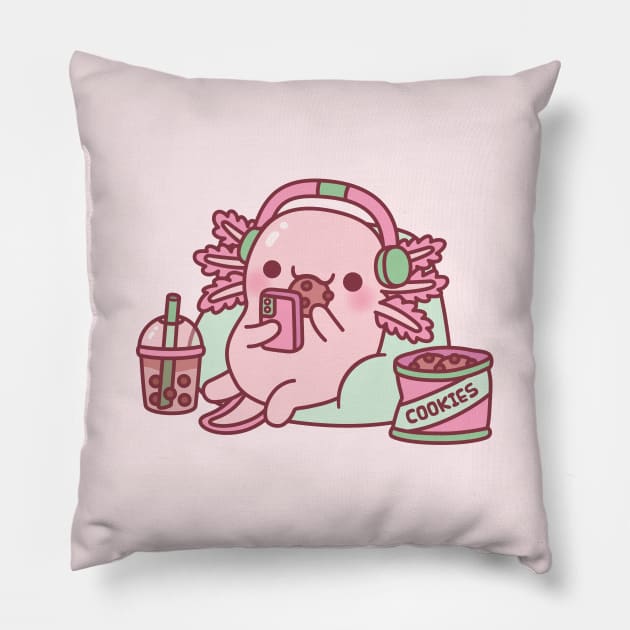 Cute Axolotl Chilling With Cookies And Bubble Tea Pillow by rustydoodle