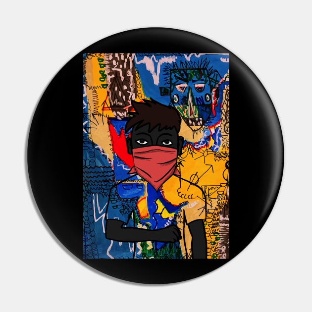 Conqueror - Dark Male Character with Basic Mask and Street Art Background Pin by Hashed Art