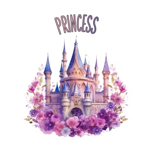 Princess Pink Purple Dreamy Castle with Flowers Watercolor Art T-Shirt