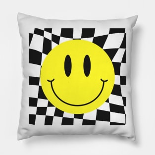 Checkered 70s 80s 90s Yellow Smile Face Cute Smiling Happy Pillow