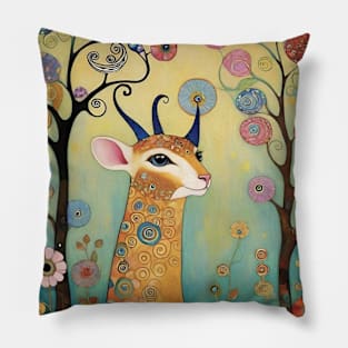 Gustav Klimt's Enchanted Stag: Inspired Deer Illustration Pillow