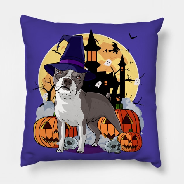 Boston Terrier Scary Halloween Witch Pumpkin Pillow by Noseking