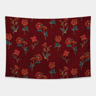 Red Botanical Flowers with Golden Outline and Geometric Background Tapestry