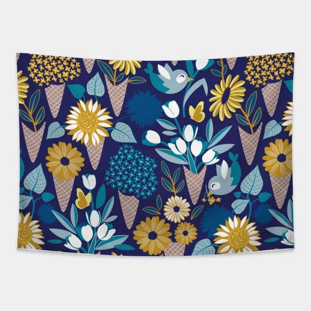 Midsummer I scream flower cones // pattern // navy blue background blue teal and yellow flowers bouquets Tapestry by SelmaCardoso