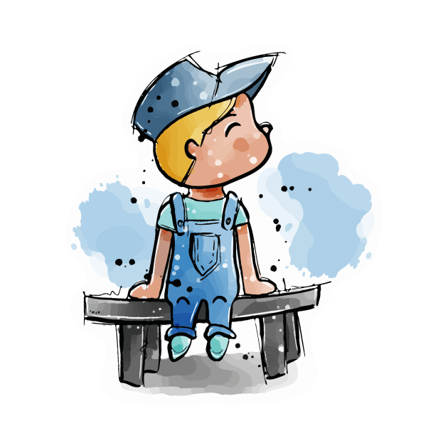 Cute little cartoon boy sitting on a bench by Sissely