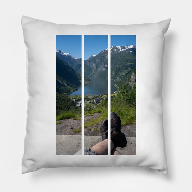 Wonderful landscapes in Norway. Vestland. Beautiful scenery of Geiranger Fjord from the Queen's Chair viewpoint. Cruise ship, winding roads, waterfall and stream. Pillow by fabbroni-art