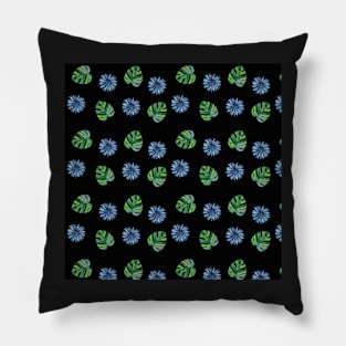 Tropical Monstera and Flower Pattern in Black Pillow