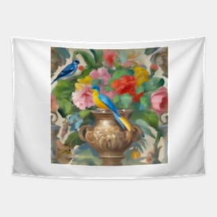 Birds, roses, cat and classical urn, oil painting seamless pattern Tapestry