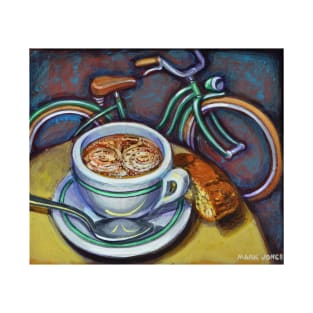 Green Schwinn bicycle with cappuccino and biscotti. T-Shirt