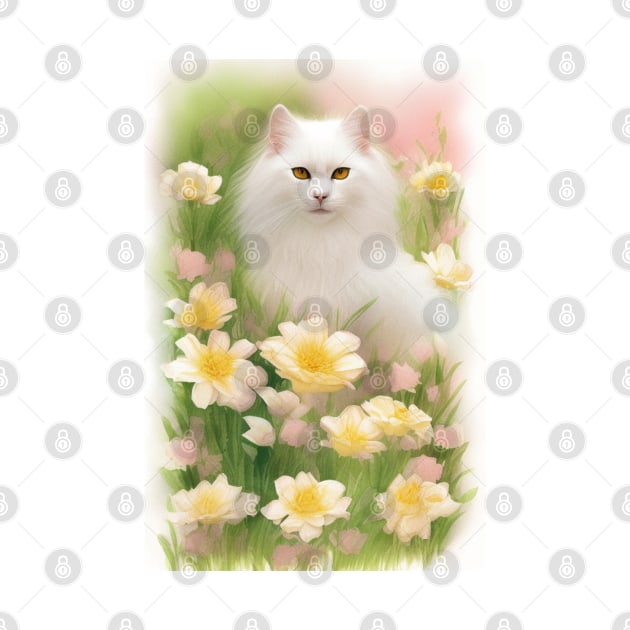 Longhaired White Cat in the Flower Garden Soft Pastel Colors by Stades