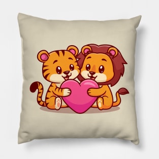 Cute Tiger And Lion Hug Love Heart Cartoon Pillow