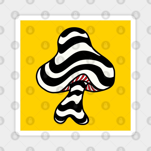 The Perfect Mushroom: Trippy Wavy Black and White Stripes Contour Lines on Yellow with Red Underbelly. Magnet by Ciara Shortall Art