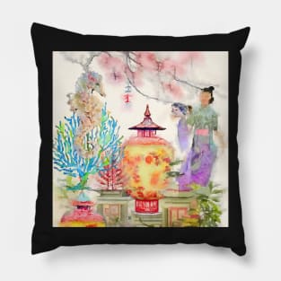 Chinoiserie landscape with seahorse watercolor painting Pillow