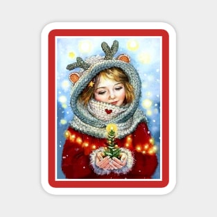 Young Girl Holding a Magical Christmas Tree Print Magnet