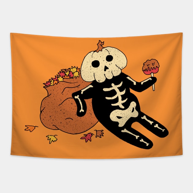 Little Pumpkin Head Skeleton Spooky Cute Halloween Drawing Tapestry by Awful Waffle Press