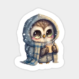 Chibi Owl Drinking Hot Chocolate Cute Baby Christmas Scarf Beanie Magnet