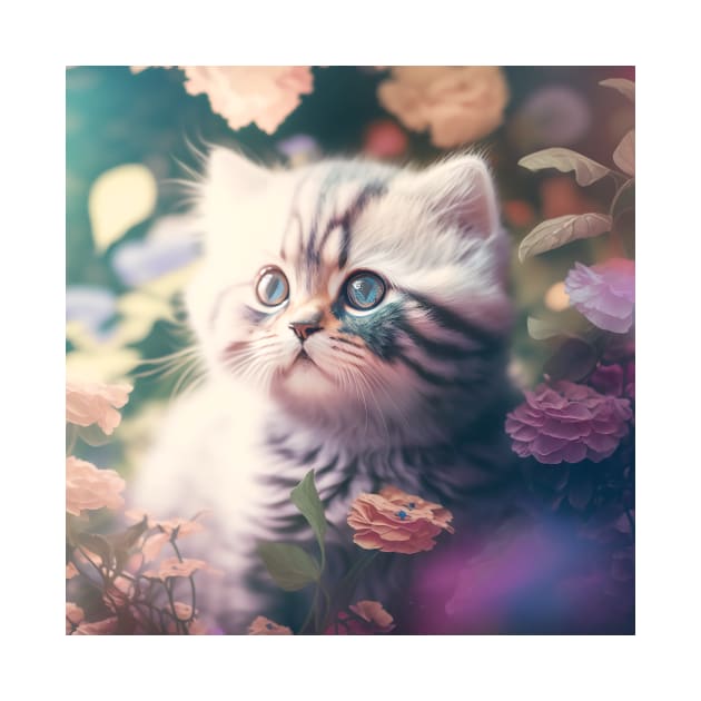 Cute Grey Kitten Floral Background | White, brown and grey cat with blue eyes | Digital art Sticker by withdiamonds