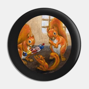 Red Squirrel Parents Give A Nutcracker For Christmas Pin