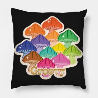 Magical Mushrooms with Groovy golden typography in Rainbow colours Pillow