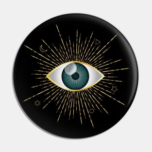 Teal Green Evil Eye Gold Eyelashes Sun Moon Star Nazar Mati Talisman Pin