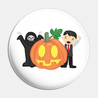 Cute halloween gift of two smiling trick or treats kids with a giant pumpkin Pin