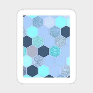 Denim Blue, Aqua & Indigo Hexagon Doodle Pattern Magnet