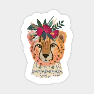 Cute Cheetah with flowers on head, wild animal with floral crown in the jungle Magnet