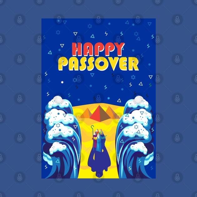 Passover Exodus from Egypt Hebrew: "Happy Passover!" Pesach Jewish Holiday poster. Moses parting the Red Sea, Israelites cross on dry ground. Poster Contemporary ART gifts idea by sofiartmedia