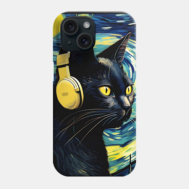 Starry Night Black Cat Wearing Headphones Phone Case by VisionDesigner