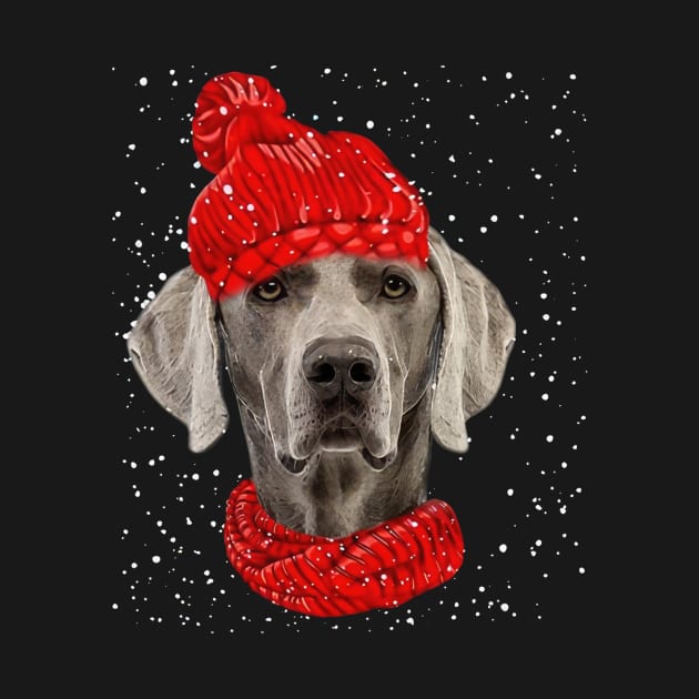 Weimaraner Wearing Red Hat And Scarf Christmas by Tagliarini Kristi